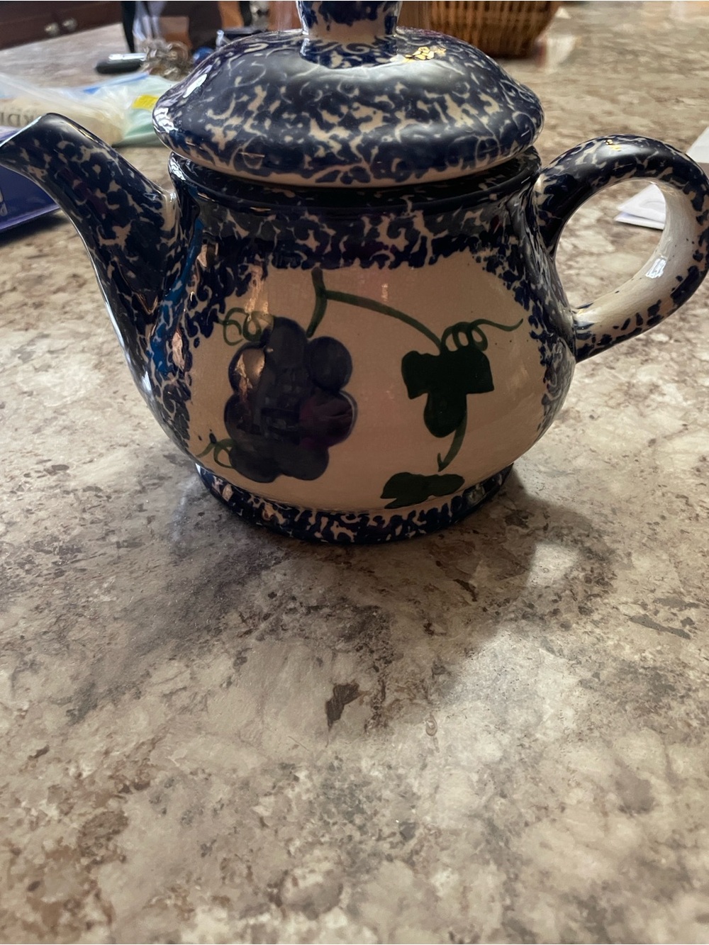 Blue and White Ceramic Teapot with Grape Motif - Handcrafted Style